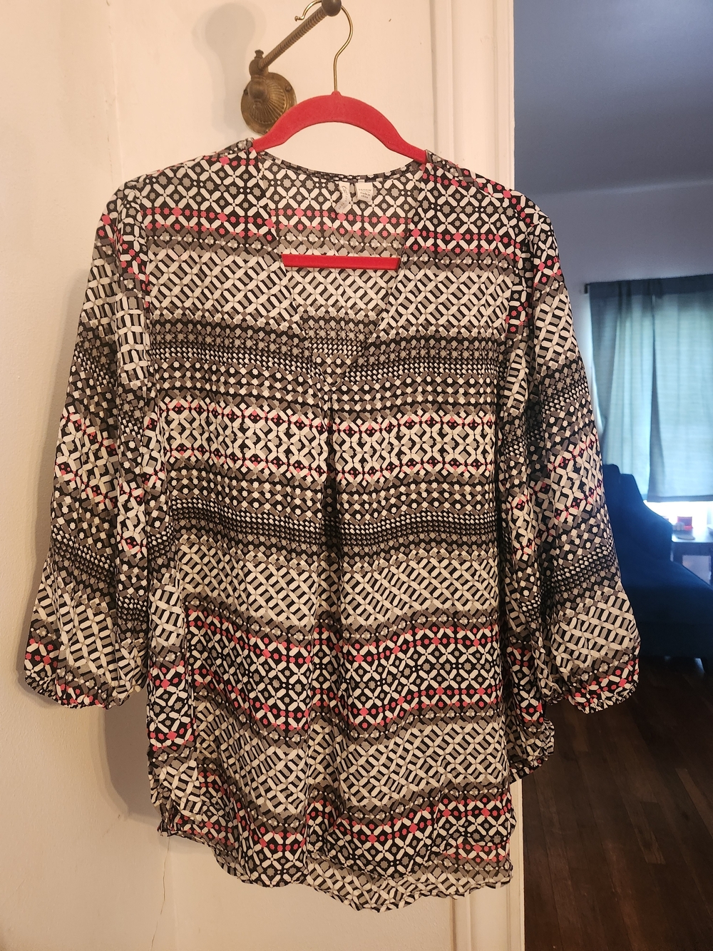 Cato Black & White Geometric Blouse with Pink Accents